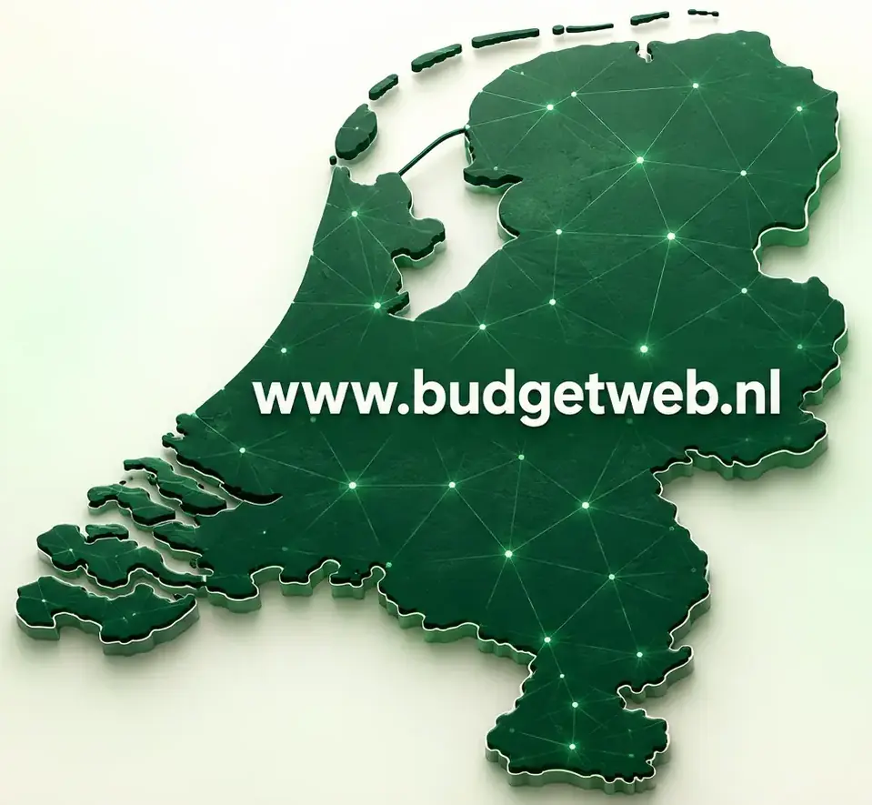 Groene kaart van Nederland met een digitaal netwerk en de naam www.budgetweb.nl