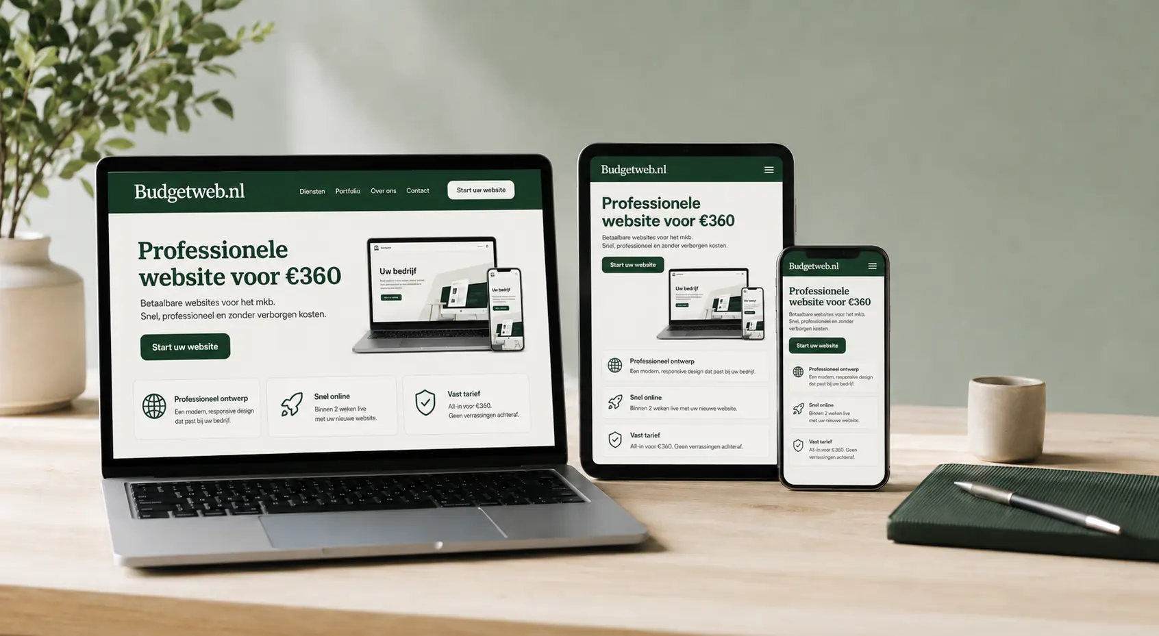 BudgetWeb-website weergegeven op een laptop, tablet en mobiele telefoon